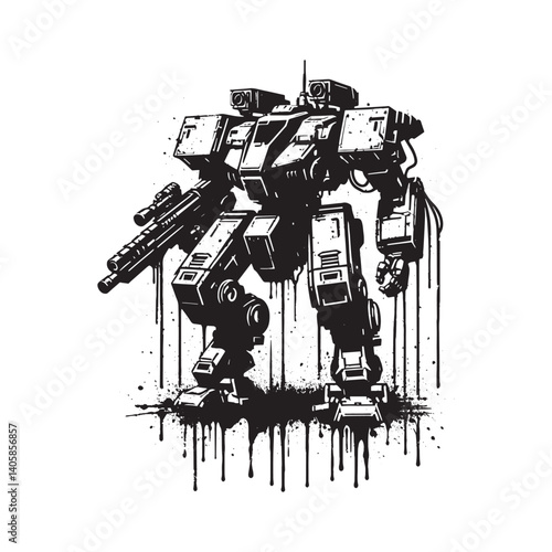 Monochrome illustration of an armed mecha warrior with dripping paint