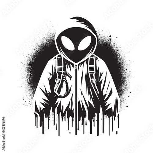Monochrome illustration featuring an otherworldly entity in spray paint effect