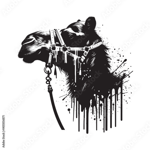 Monochrome Illustration of Camel Bridle with Abstract Grunge Texture