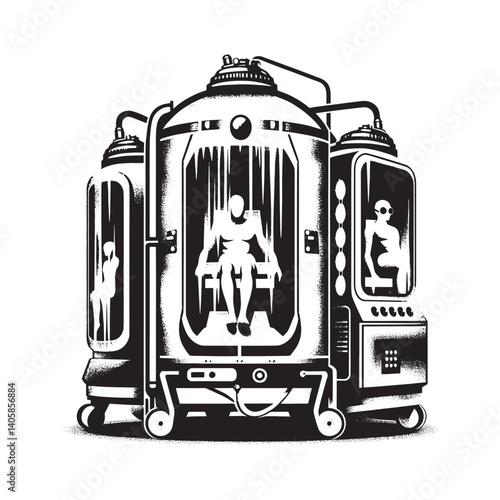Monochrome Illustration of Futuristic Cryo Chambers for Longevity