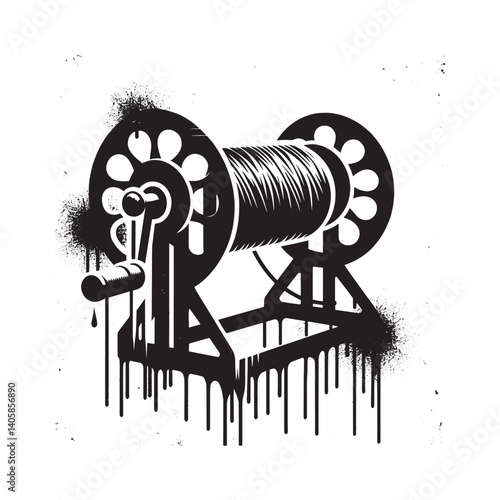 Monochrome illustration skein winder with dripping ink effects and grunge