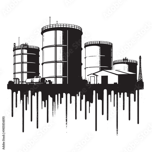 Monochrome industrial storage tanks with drip effects in flat stencil style