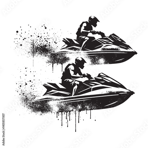 Monochrome jet ski duo with splash effects in a vector stencil art design