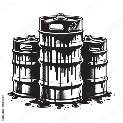 Monochrome kegs in grungy stencil art with dripping effect on white backdrop