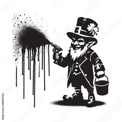 Monochrome Leprechaun Vector Art with Spray Paint and Stencil Details