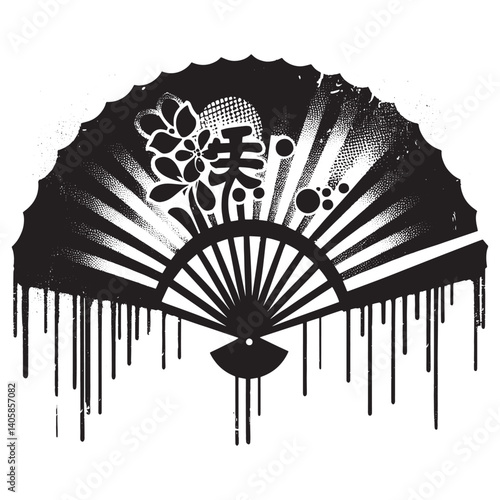 Monochrome Japanese Fan Artwork with Distressed Textures and Artistic Elements