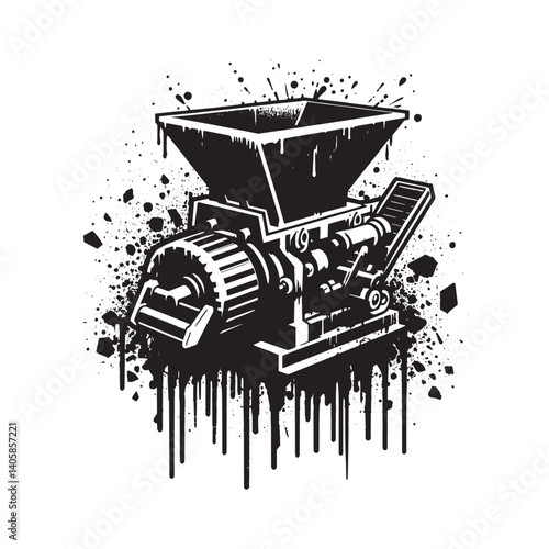 Monochrome machinery illustration with grunge texture and spray paint effect