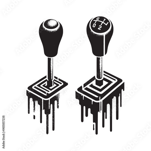Monochrome Manual Gear Shift Levers in Abstract Drip Vector Art