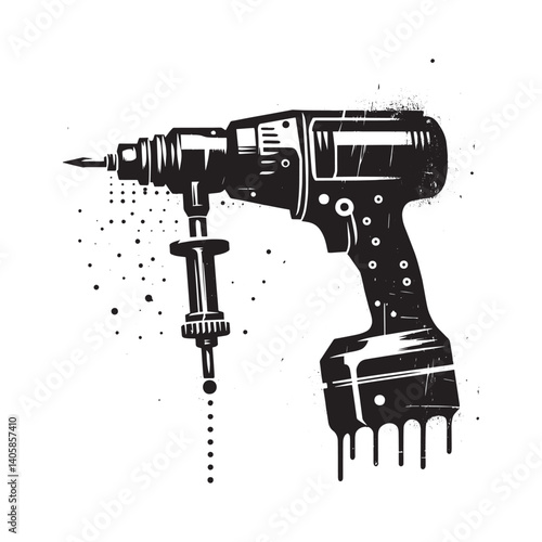 Monochrome Power Drill with Grunge and Stencil Elements on White Backdrop