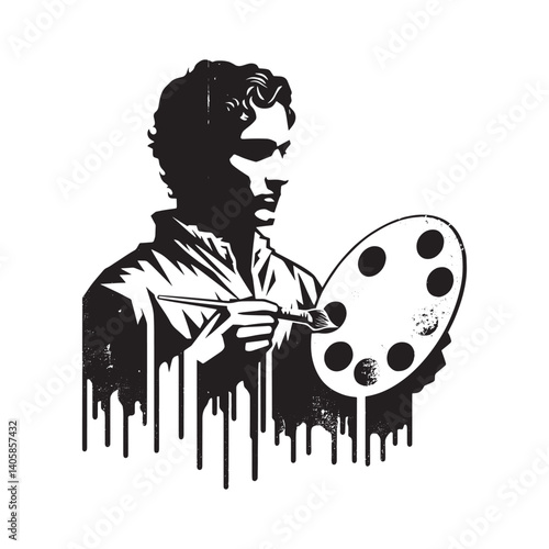 Monochrome Renaissance Painter with Palette Stencil Style Illustration