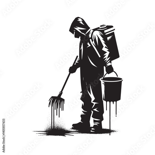 Monochrome Sanitation Worker Stencil Art with Dripping Grunge Effects