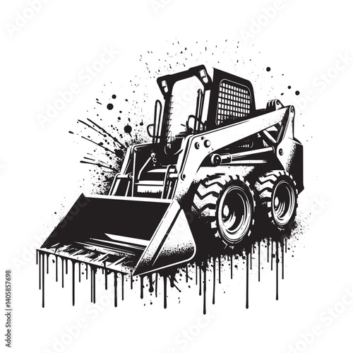 Monochrome Skid Steer Loader Illustration with Grunge and Drip Elements