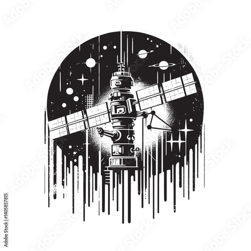 Monochrome space weather station illustration with dripping spray and stencil effect
