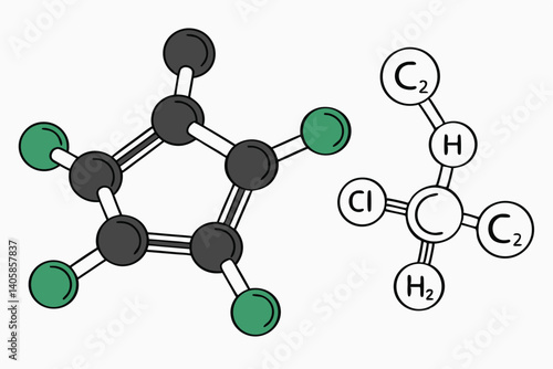 23 Molecular structure, 3D model, chloroform molecule, carbon tetrachloride molecule, methane molecule, green and white atoms, black carbon atoms, ball-and-stick representation, chemical bonds, organi