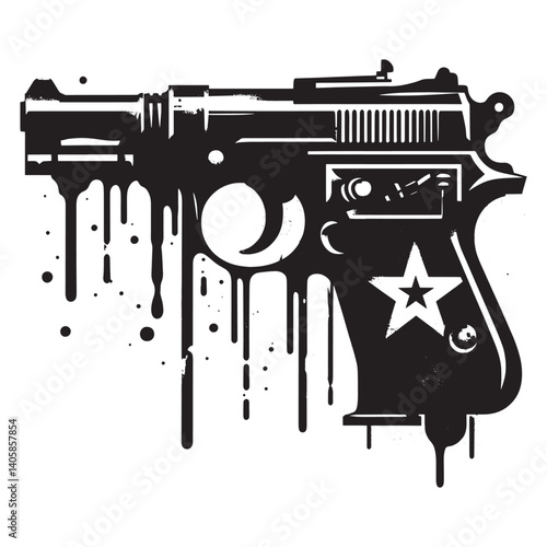 Monochrome Spray Paint Style Pistol Illustration with Star Symbol