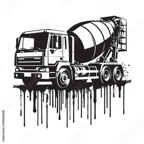 Monochrome stencil style concrete mixer truck with grunge textures and dripping paint