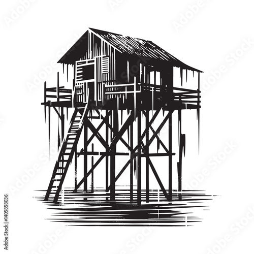Monochrome stilt house illustration featuring a flat grunge dripping design