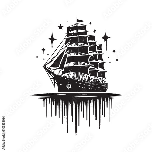 Monochrome stylized clipper ship illustration with dripping effect isolated