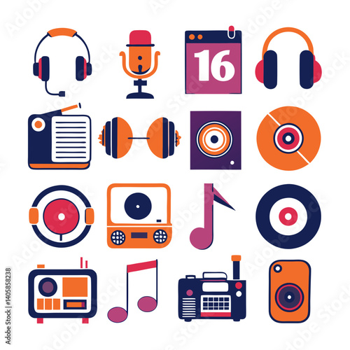 Icons of music, technology, fitness in vintage style