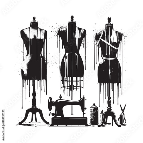 Monochrome tailoring equipment, stencil style mannequins with grunge textures