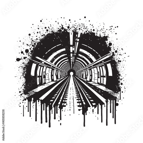 Monochrome Subway Tunnel in Distressed Stencil Design with Graffiti Elements