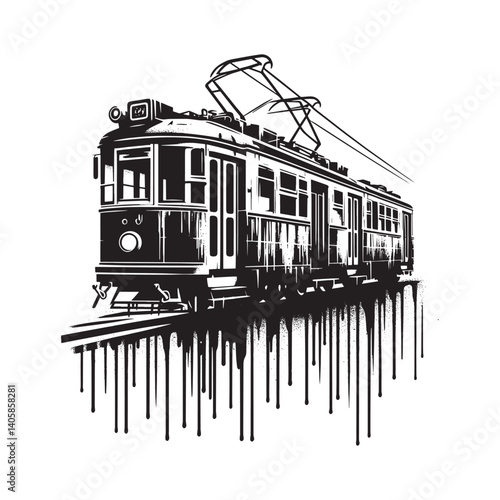 Monochrome tram illustration with dripping paint effect and artistic rendering