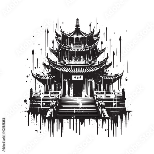 Monochrome Taoist Temple Illustration with Stencil Style and Grunge Effects