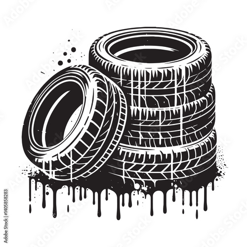 Monochrome tire stack illustration, graphic automotive theme vector design