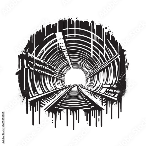 Monochrome subway tunnel entrance, dripping spray paint effect isolated on white