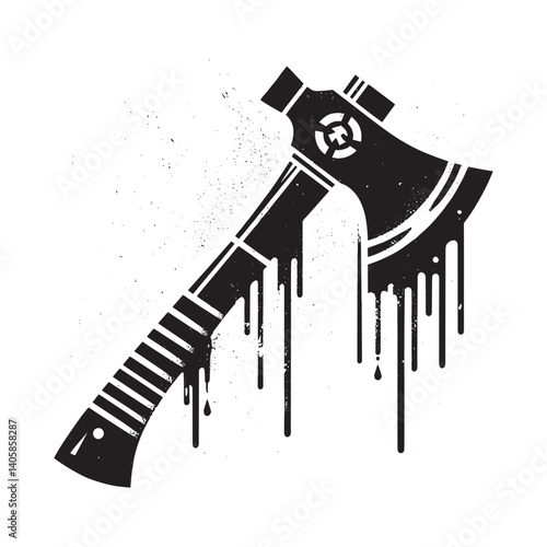 Monochrome tomahawk graphic in grunge dripping stencil style on white