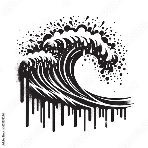 Monochrome stylized ocean wave illustration with stencil effect and drips