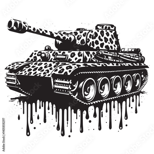 Monochrome tank illustration with modern camouflage and dripping paint effect