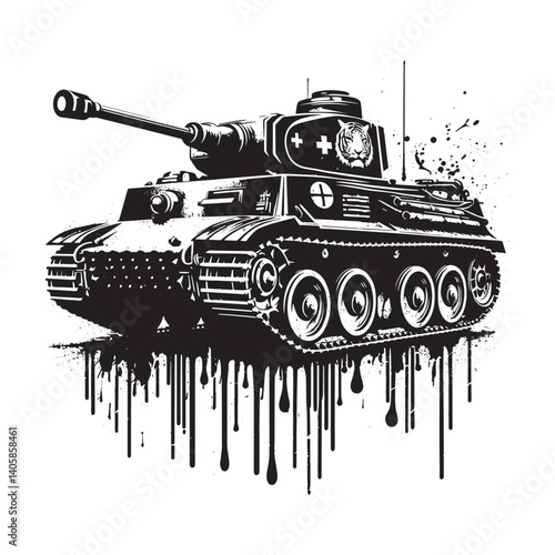 Monochrome Vector Illustration of a World War II Tank with Grunge Details