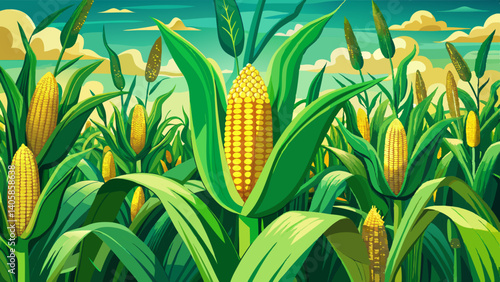 Green corn field with corn cobs close up.
