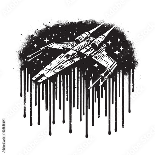 Monochrome Vector Illustration of a Spacecraft with Dripping Paint Effects