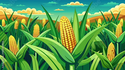 Green corn field with corn cobs close up.