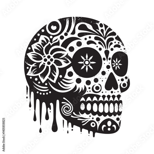 Ornate sugar skull design in distressed black and white stencil style