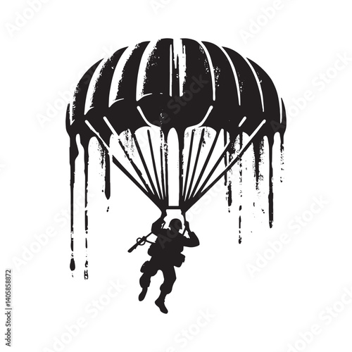 Paratrooper descent in monochromatic stencil with dripping grunge effect