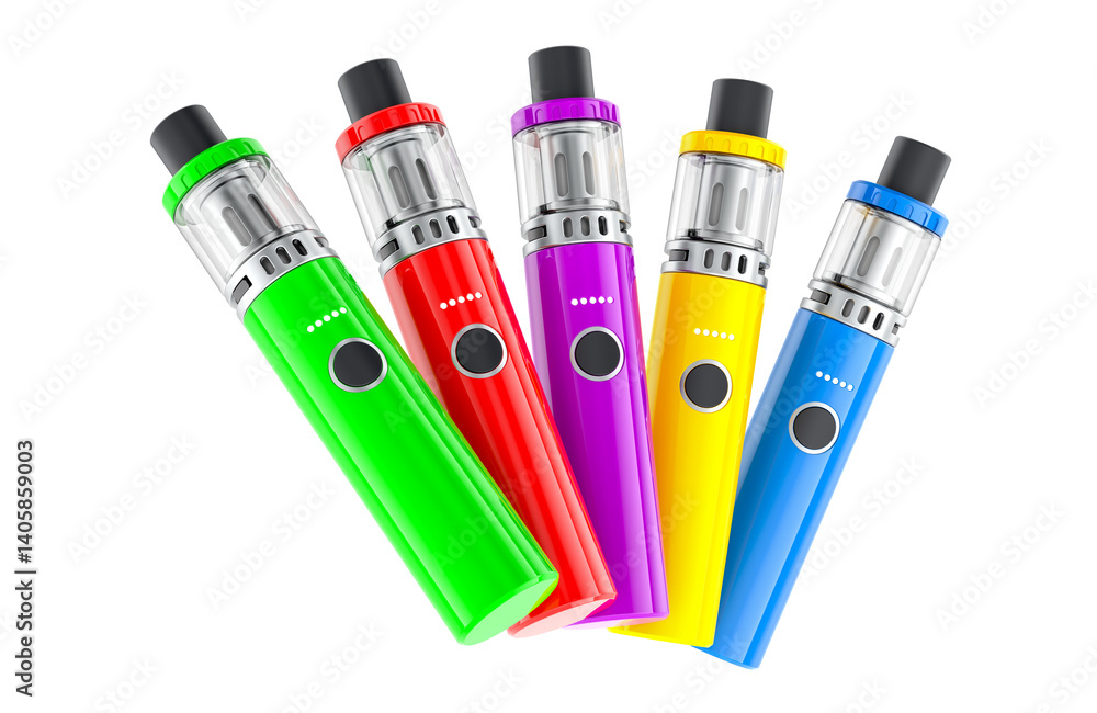 Colored Vape Pens, Electronic Cigarettes with USB Charge Rechargeable Batteries, 3D rendering isolated on transparent background