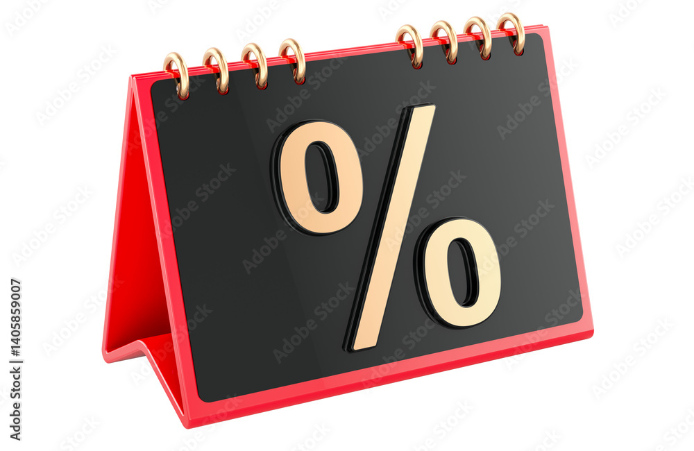 Desk calendar with percent symbol. 3D rendering isolated on transparent background