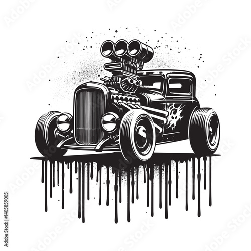Retro Hot Rod car illustration with a stencil design and dripping paint effect