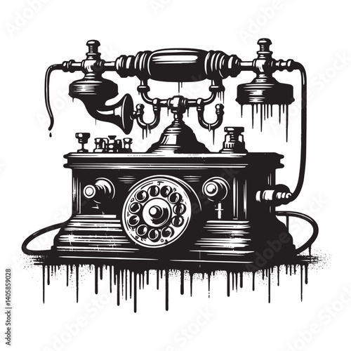 Retro telephone illustration with dripping paint effect in stencil style