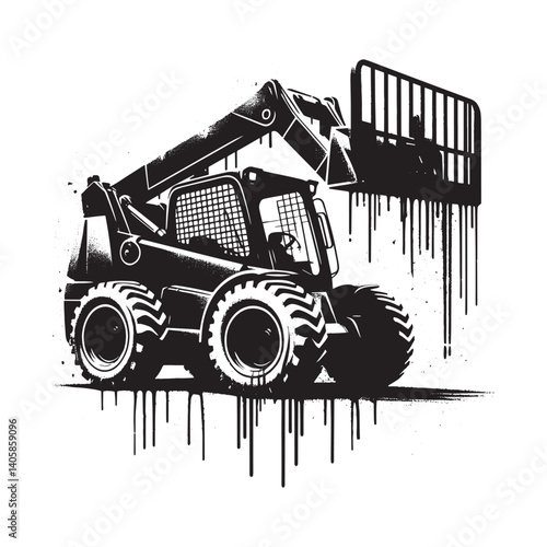 Retro Telehandler Illustration in Stencil Style with Grunge Elements