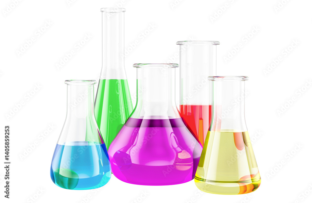 Set of chemical flasks with colored liquid. Chemistry laboratory glassware. 3D rendering isolated on transparent background Set of chemical flasks with colored liquid. Chemistry laboratory glassware. 3D rendering isolated on transparent background