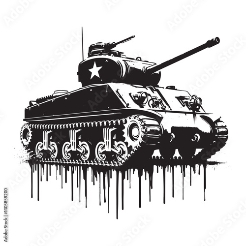 Sherman tank illustration with stencil art style and grunge effect on white background