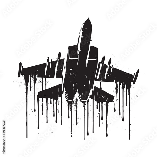 Silhouette fighter jet in artistic stencil style with dripping paint effect