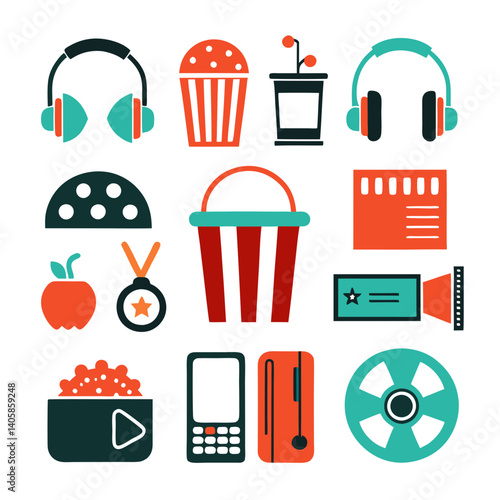 Movie night illustration with common objects, headphones included