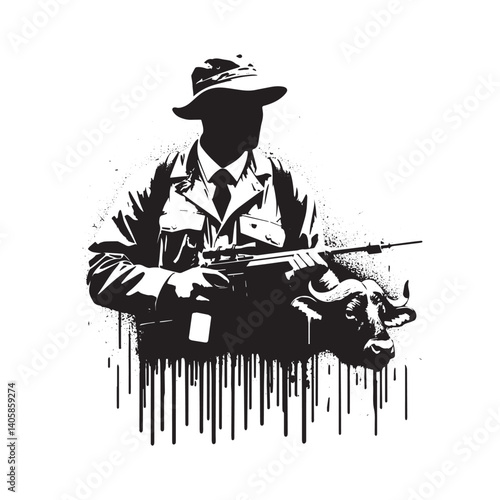 Silhouette of a safari outfitter with a buffalo head in stencil style art