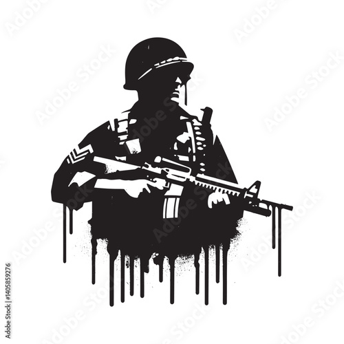 Silhouette of armed soldier with dripping paint effect in stencil style