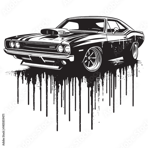 Striking monochrome muscle car artwork with a grunge drip effect design